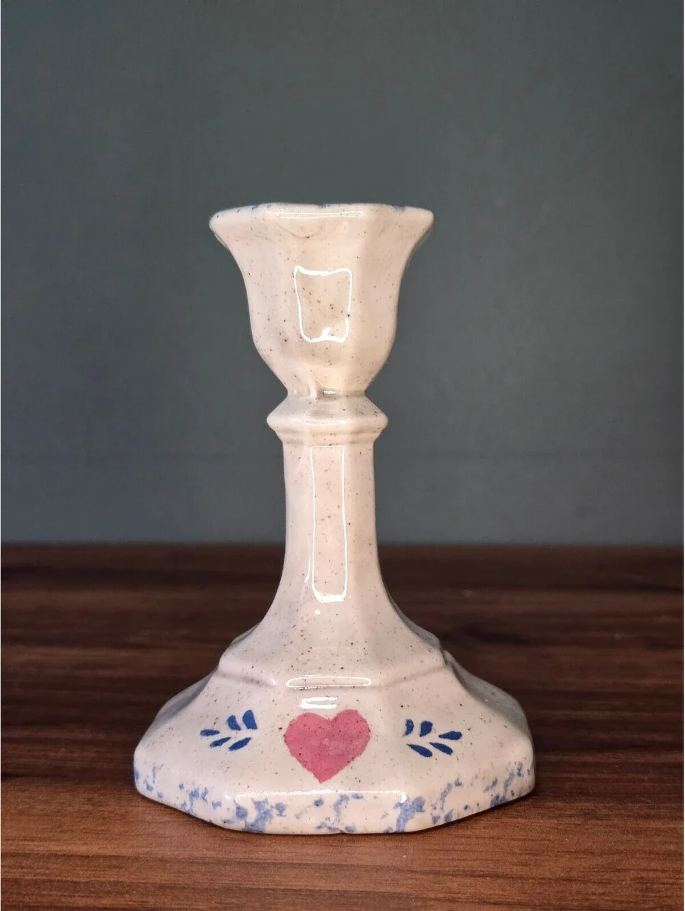 Vintage Spongeware Heart Ceramic Candlestick Holder Country Decor